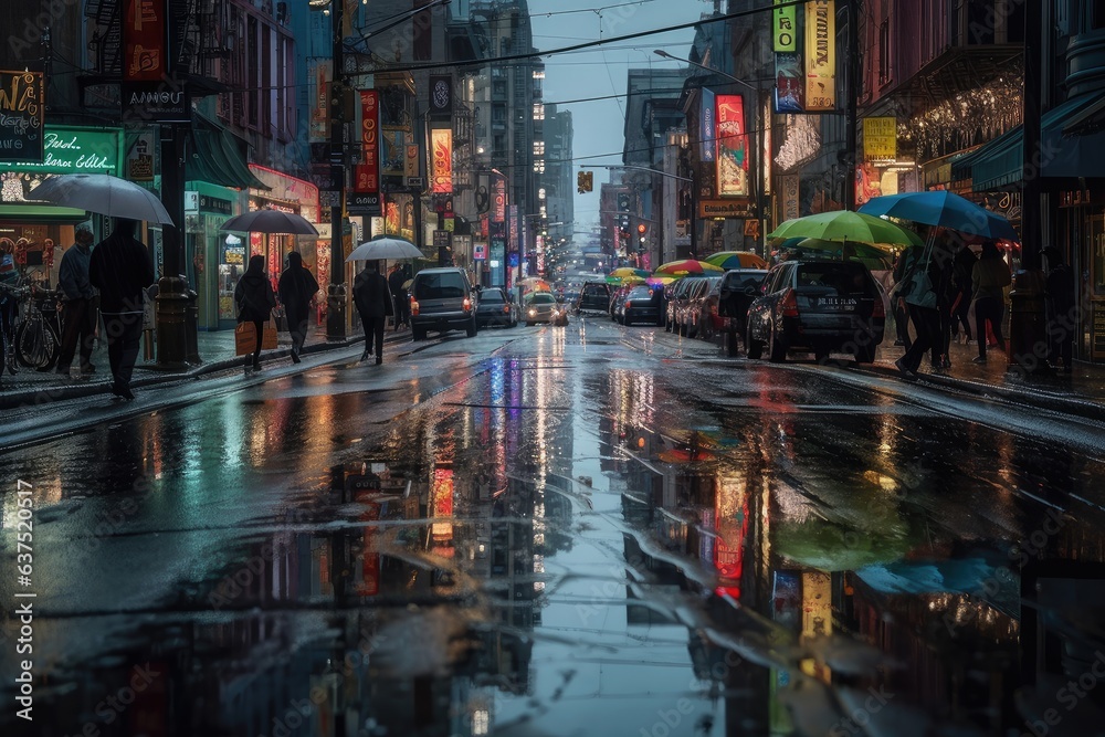 City in the rain: living streets, reflections, urban serenity., generative IA