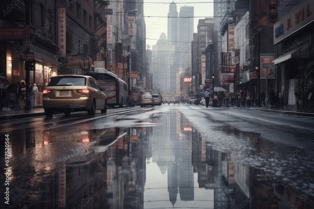 Urban city shrouded in gray rain and reflections., generative IA