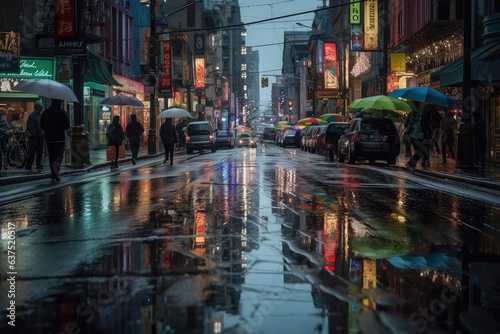 City in the rain  living streets  reflections  urban serenity.  generative IA