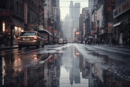 Urban city shrouded in gray rain and reflections.  generative IA
