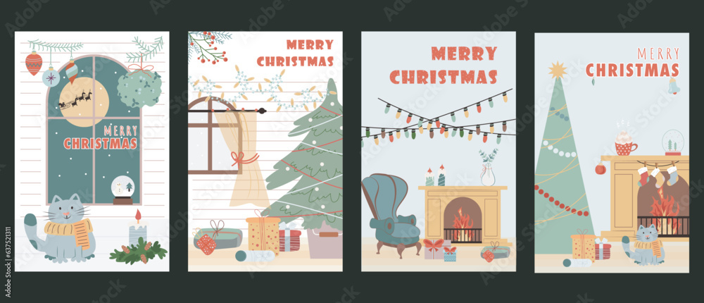 Christmas holiday cover brochure set in trendy flat design. Poster templates with cozy room, window with candles and decor, festive fir tree with toys and gifts, cute cat at home. Vector illustration.
