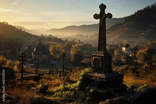 Golden twilight illuminates old cross in mysterious hill., generative IA