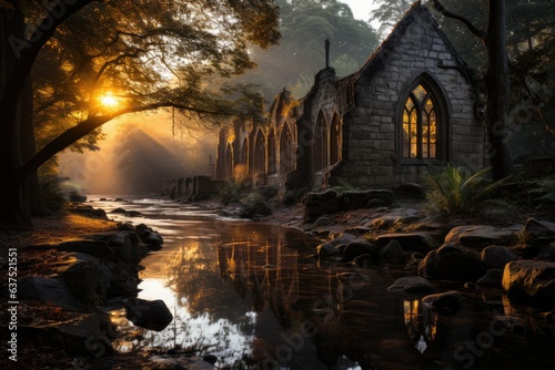 Stone Church by the stream, golden light crosses stained glass, serene atmosphere., generative IA