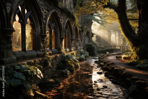Stone Church by the stream, golden light crosses stained glass, serene atmosphere., generative IA