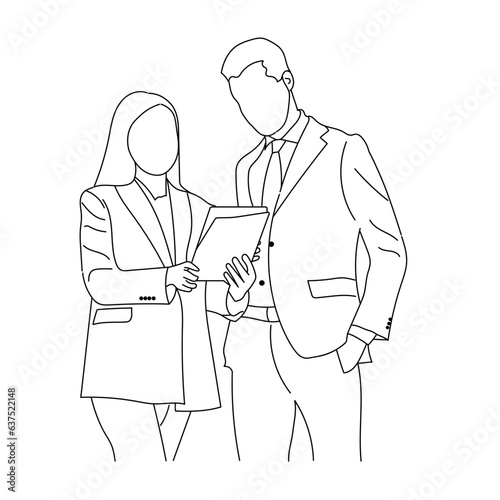 Office workers at a business meeting. Business people having discussion Line art drawings isolated on white background.