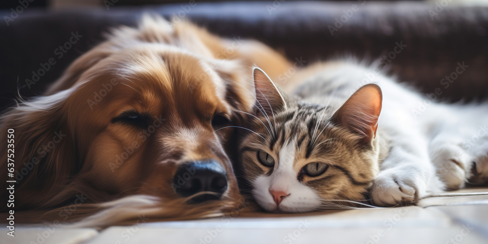 Cat and dog cuddle together resting affectionate