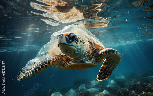 Plastic pollution in ocean environmental problem. Turtle hardly trapped in used plastic bag in ocean water © vejaa