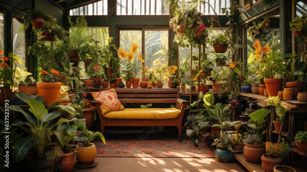 The home garden interior is filled with a variety of beautiful plants in different pots, creating a stylish and jungle like atmosphere.