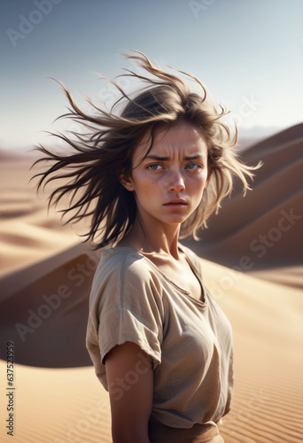 immagine primo piano di giovane affascinante donna in abbigliamento casual, capelli scompigliati dal vento, deserto con dune e sabbia photo