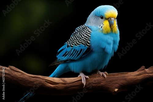 one blue budgerigar on a branch on blue background photo