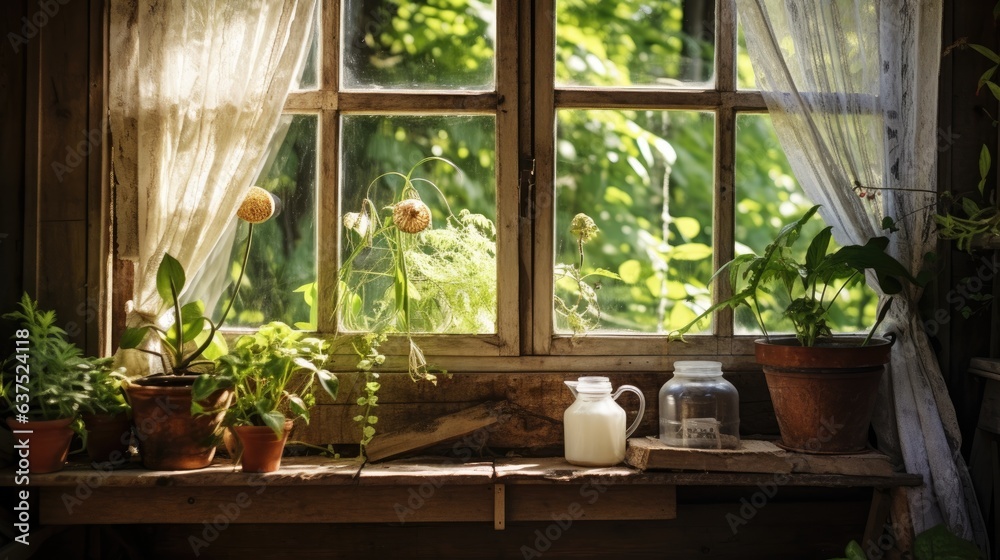 Rustic wooden house with a white window and mosquito net, garden view. Houseplants and watering can on the windowsill.