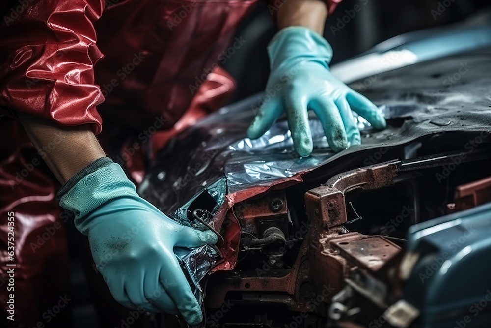 Obraz premium Auto body repairman fixes a car damaged in an accident or collision