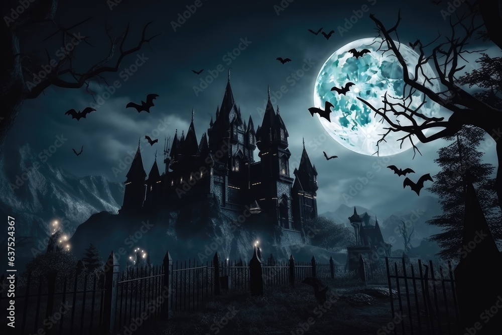 Haunted Gothic castle at night.