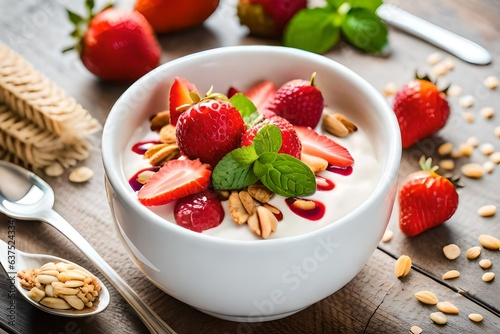yogurt with strawberries and mint, An overhead image of a yogurt bowl with oats and granola, topped generously with vibrant red strawberries and delicate mint leaves.