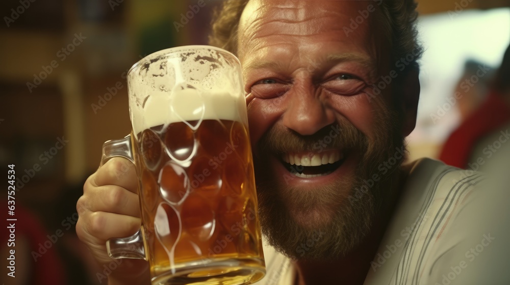 Fototapeta premium Smiling red and ruddy German man drinks a large mug of beer. Generative AI