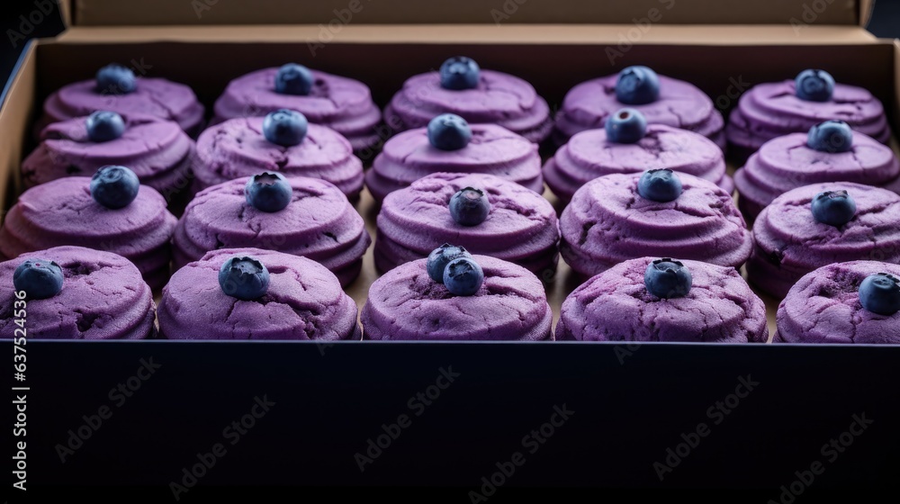 Bento cake. Small individual blueberries cheesecakes in box.