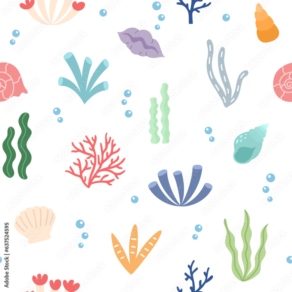 Seamless pattern with colored cartoon seaweed, shells and corals on a white background. Sea flora design for print, textile. Vector illustration Seamless pattern with colored cartoon seaweed, shells and corals on a white background. Sea flora design for print, textile. Vector illustration