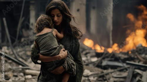 In a harrowing war-torn landscape, a somber mother clutches her infant child close to her chest. The inferno and ruins looming in the backdrop intensify the raw emotion of her protective embrace.