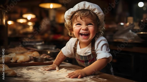 In the heart of the kitchen, a young child, donning a chef's hat, dives hands first into a pile of flour. His infectious laughter and playful demeanor suggest a budding pizza maestro in the making.