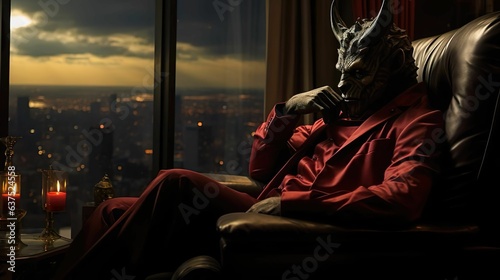 In an upscale city high-rise, the devil sits, deep in thought. This intriguing juxtaposition paints a scene of dark introspection against the backdrop of urban opulence.