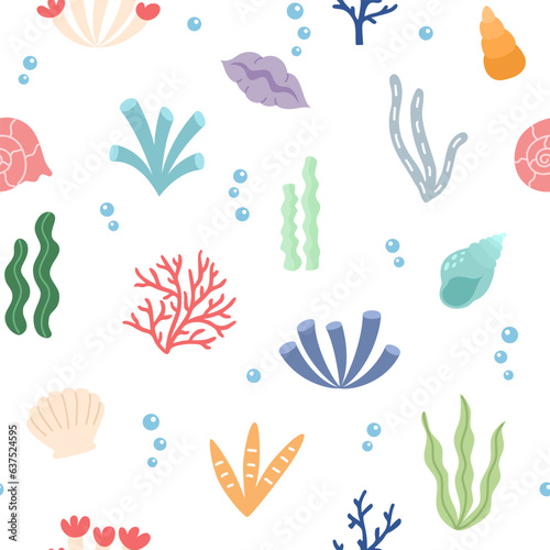 Seamless pattern with colored cartoon seaweed, shells and corals on a white background. Sea flora design for print, textile. Vector illustration