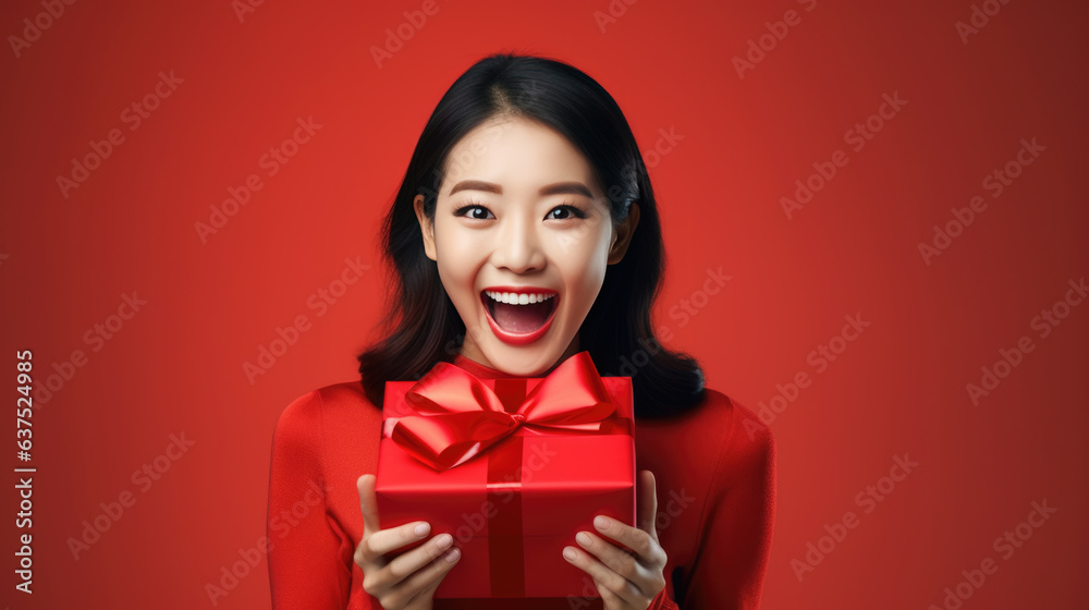 Happy smiling woman holding gift box over red background Happy smiling woman holding gift box over red background