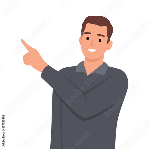 Handsome Businessman showing and pointing fingers upper left and right corner with happy expression advices use this copy space.