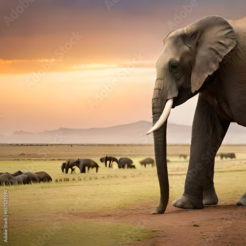 elephants in African savannah, mountains landscape, herd of elephants, generative AI