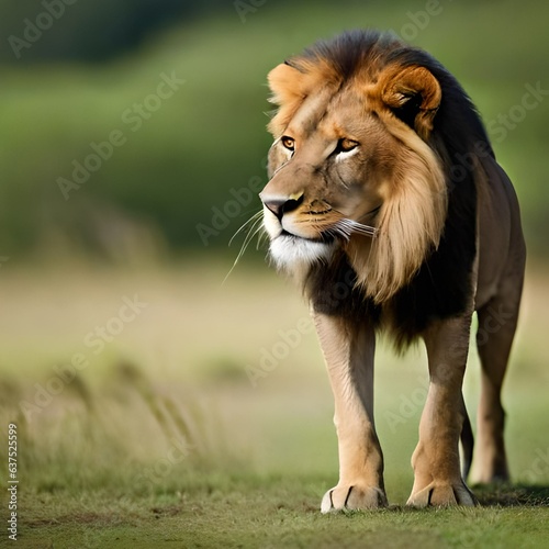 Male lion in the green wild grass with big mane  generative AI