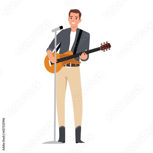 Young man playing guitar. Flat vector illustration isolated on white background