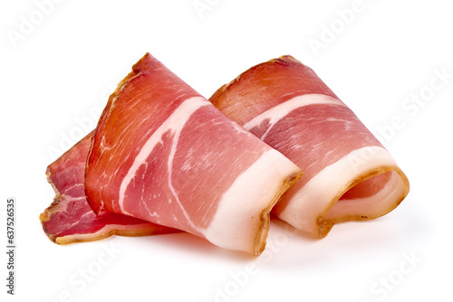 Fotografía Dry Spanish ham, Jamon Serrano, Bellota, Italian Prosciutto Crudo or Parma ham, isolated on white background