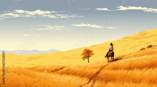A young girl with horse walks on the road in a golden wheat field. Minimalist Illustration style in yellow color  Japanese Countryside.