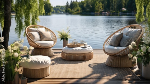 Outdoor garden composition on the lake with stylish rattan furniture  accessories  and summer vibes.