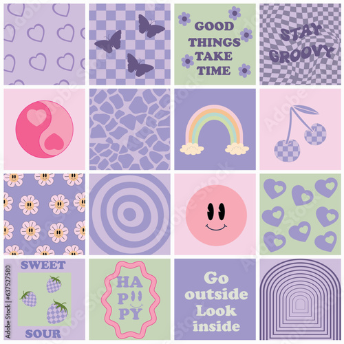 70s retro inspirational poster set with vintage groovy typography with daisy flowers, hearts, rainbow, smiley face for graphic tee t shirt or sticker poster