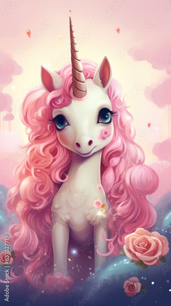 A cartoon unicorn with pink hair and a flower