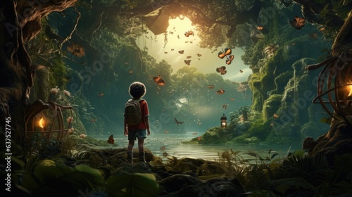 A boy standing in a forest looking at butterflies © Maria Starus