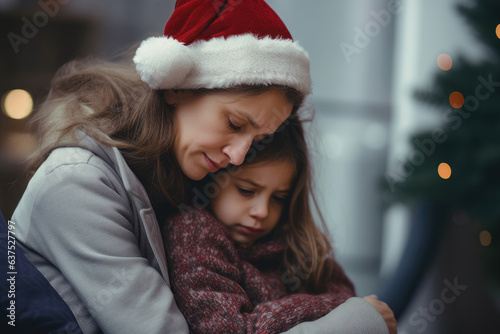 Sad Christmas. Mother hugs her son and wants to comfort him and cheer him up because of the sad Christmas holidays. Solitude, loneliness, sorrow, loss, grief, divorce, family problems