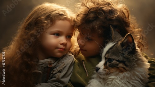 A little girl holding a cat next to a little girl