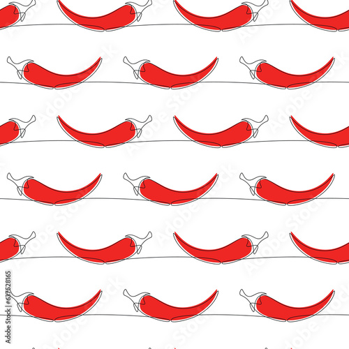 Red hot chili pepper seamless pattern vector. Line continuous hand drawn  illustration. Vegetable outline backdrop. Botanical background. Food wallpaper, kitchen print, graphic poster, package design.