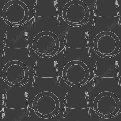 Tableware background. Cutlery seamless pattern vector. Line continuous knife fork plate set. Kitchen outline backdrop, cooking wallpaper, fabric, textile, print, cafe, menu, dishware shop brochure.