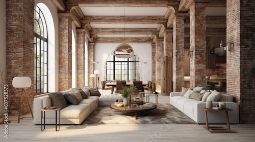 Stylish loft studio apartment with modern fashionable interior and chic furniture, adorned with brick, marble, and wood, featuring white walls and wooden columns.