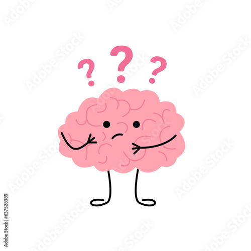 Brain think, doubt over question, cute child character. Confused brain, seek answer. Vector illustrationBrain think, doubt over question, cute child character. Confused brain, seek answer. Vector