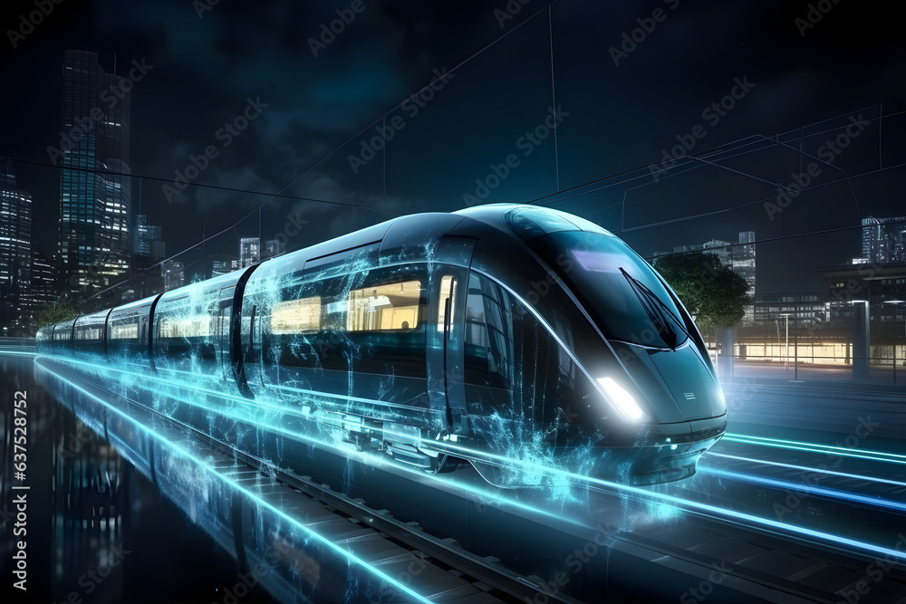 Future urban transportation concept in a smart city, illustration of an autonomous self driving train, data transfer Future urban transportation concept in a smart city, illustration of an autonomous self driving train, data transfer