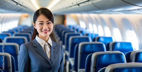 Asian woman working as flight attendant. Female airplane stewardess with blurred seats in aisle background. Generative AI
