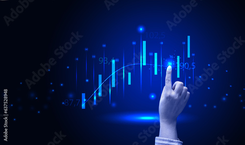 Virtual neon graph and female hand, profit analysis and sales growth dynamics, blue background