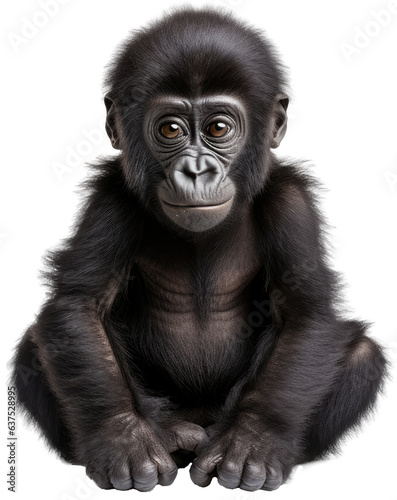 Sitting cute baby gorilla ape isolated on a white background as transparent PNG, animal photo