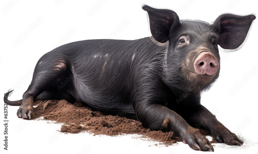 Black domestic pig lying in the dirt isolated on a white background as transparent PNG, farm animal Black domestic pig lying in the dirt isolated on a white background as transparent PNG, farm animal