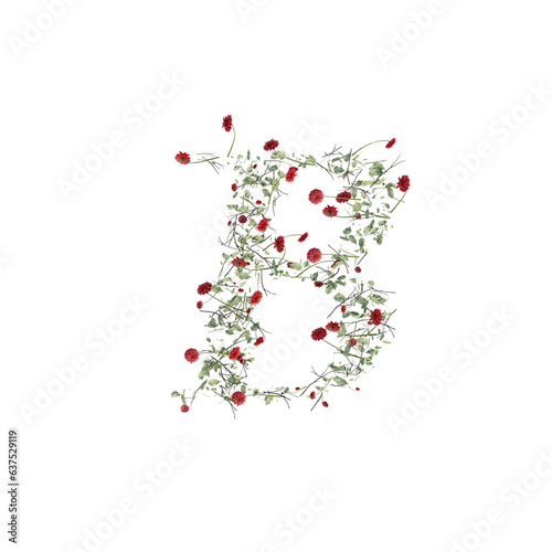 Font made from leaves, twigs, and flowers, alphabet, font art 3d rendering with transparent background
