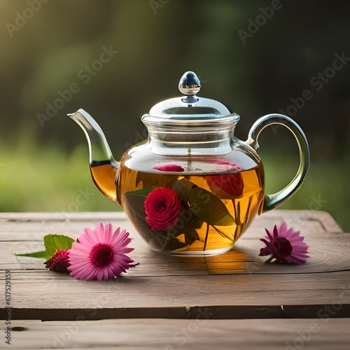 Wooden table with transparent teapot, natural flower tea
