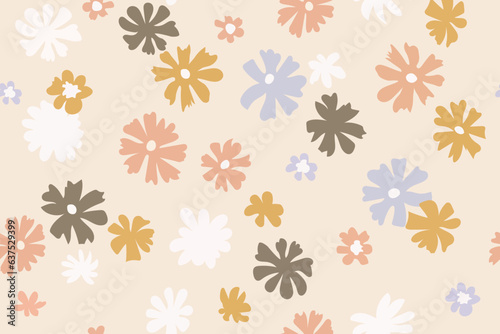 Seamless background with primitive childish floral pattern. Simple minimalistic pastel background, cute big light flowers in boho style. Baby wallpaper, print for banner, postcard, packaging, textile
